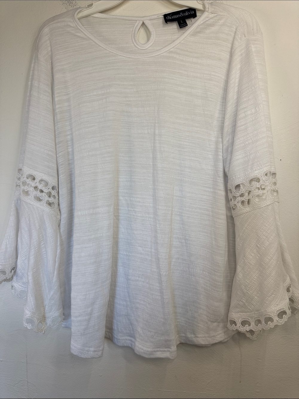 Thomas & Olivia White Lace-Trim Bell Sleeve Blouse Hippie Boho Cottage Core Bow